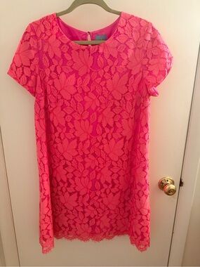 CeCe Bright Pink Floral Lace Shift Dress